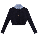 Navy Blue Cable Knit Cardigan with Contrasting Striped Collar - Preppy and Polished