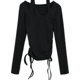 Casual Heathered Henley Top with Drawstring Hem Detail
