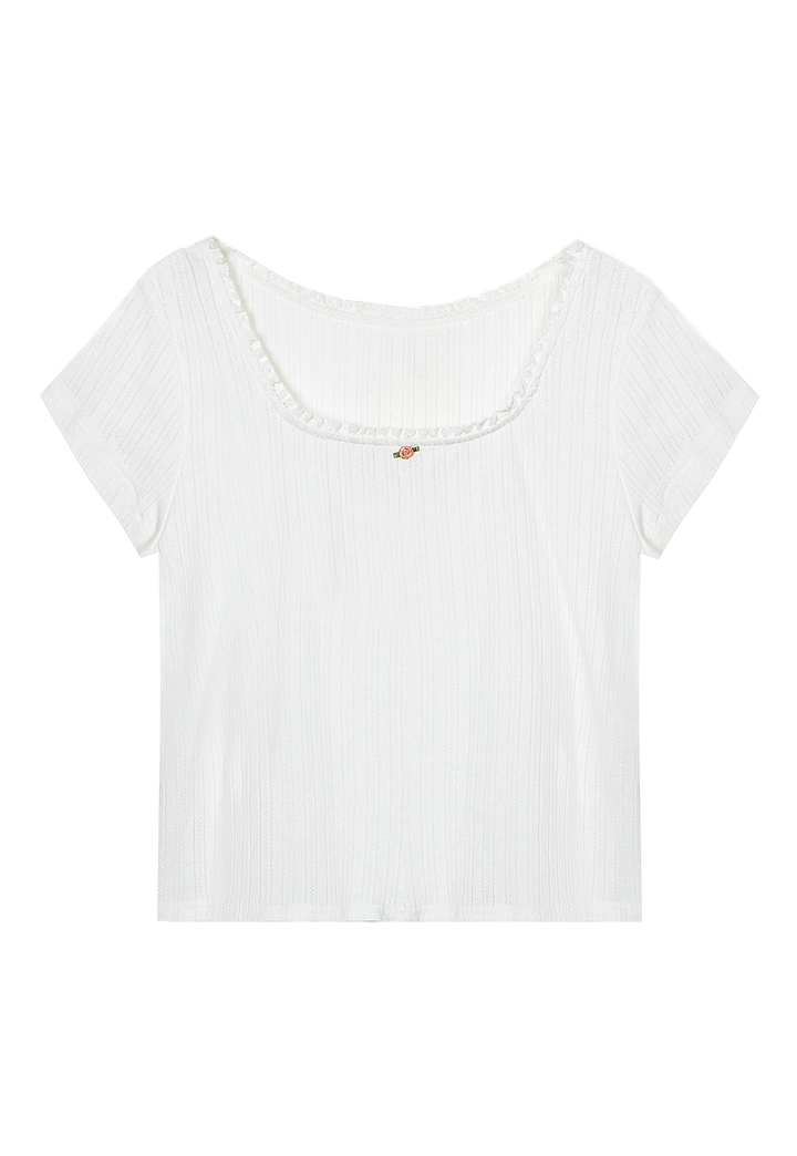 Lace-Trimmed Ribbed Short-Sleeve Top