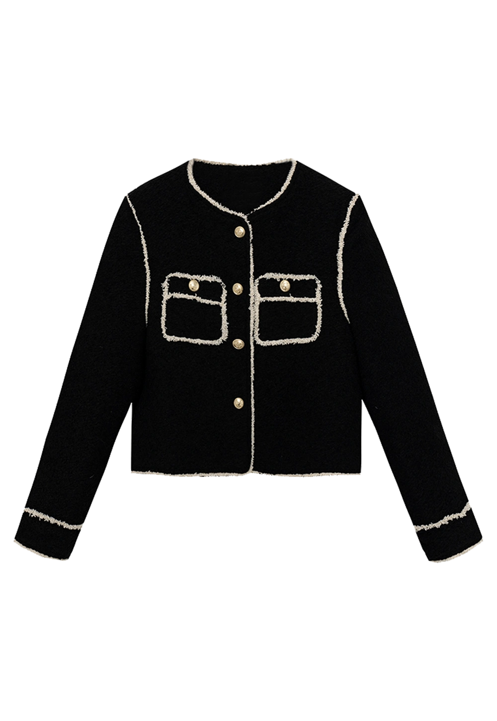 Women's Black and White Contrast Stitch Jacket with Gold Button Accents