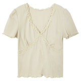 Chic Crossed Lace Trim Ribbed Top - Perfect for Stylish Daywear
