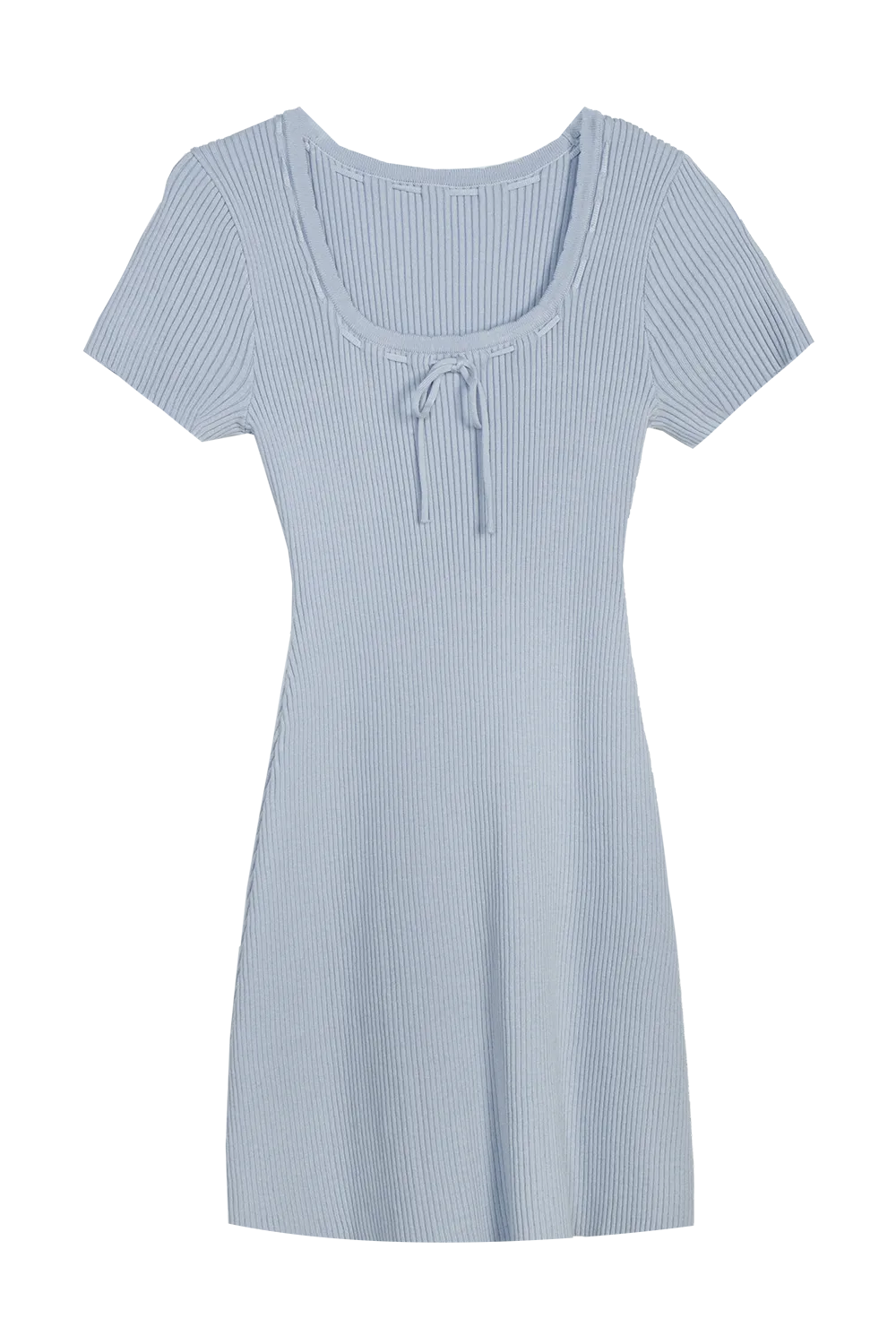 Women's Ribbed Knee-Length Dress with Drawstring Neckline