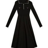 Elegant Long-Sleeve Knit Midi Dress with Black Trim and Zip Detail - Stylish Comfort