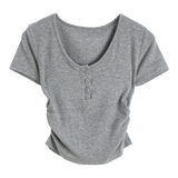 Women's Ribbed Henley Tee with Button Placket Detail