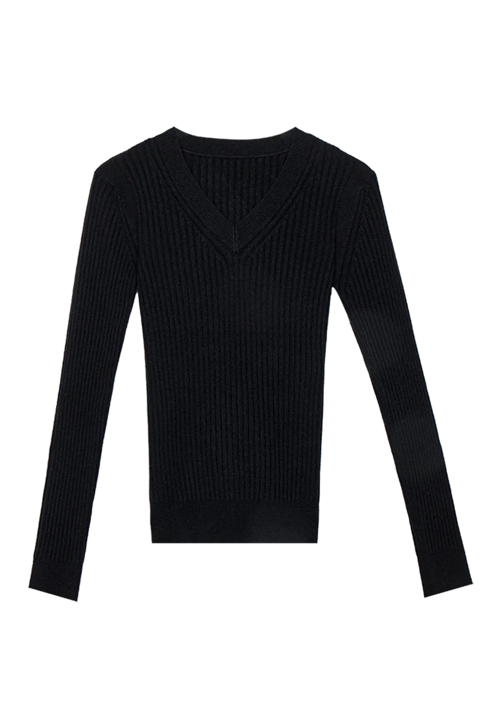 Sweater Bertali Berusuk V-Leher Wanita - Pullover Lengan Panjang