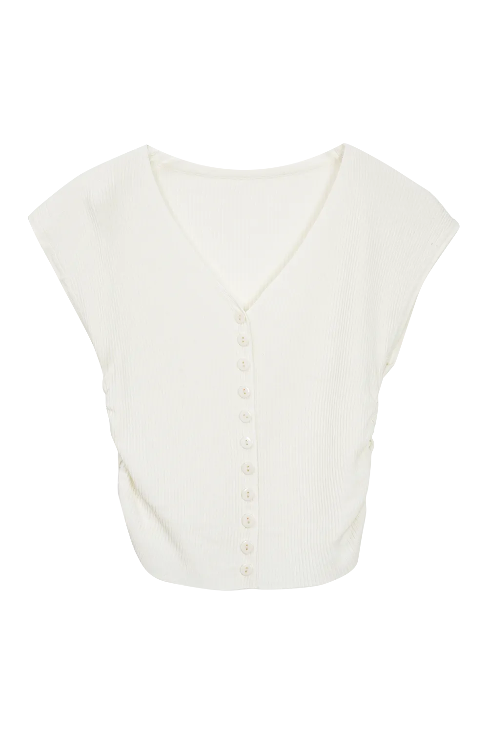 Ribbed V-Neck Top with Button-Up Front and Cap Sleeves