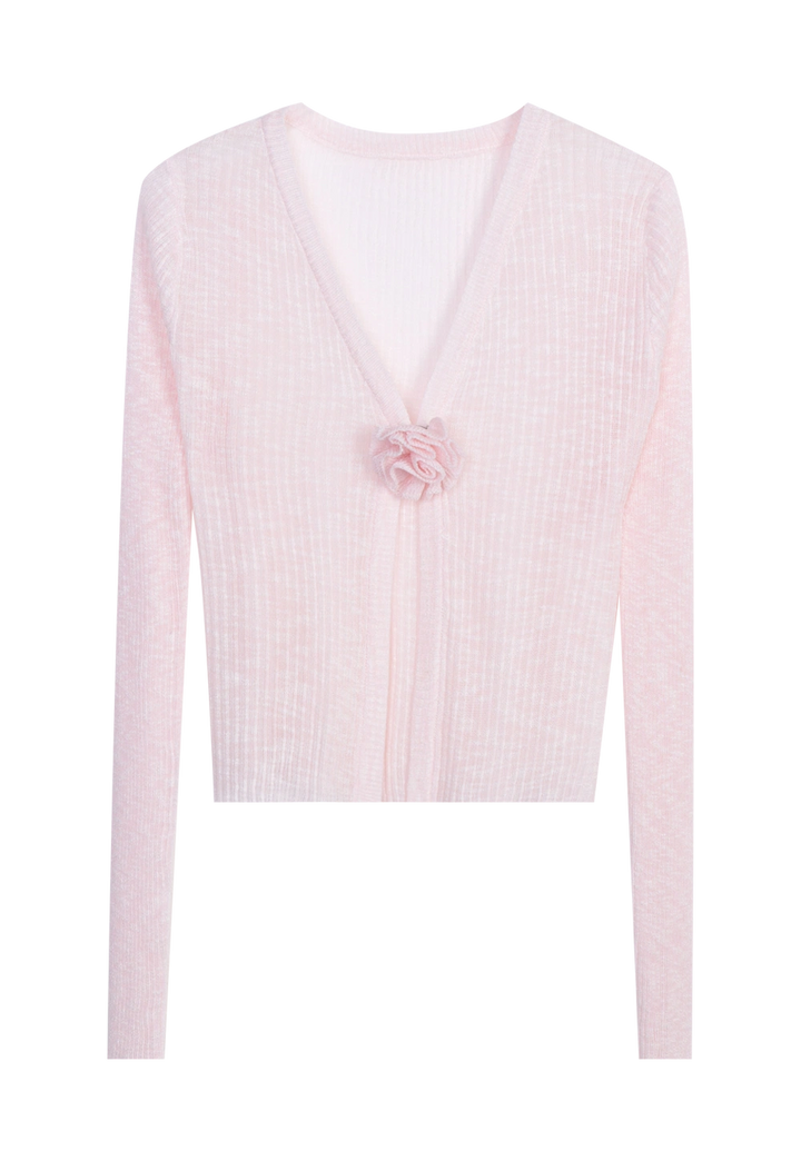 Women's V-Neck Knit Cardigan with Flower Detail