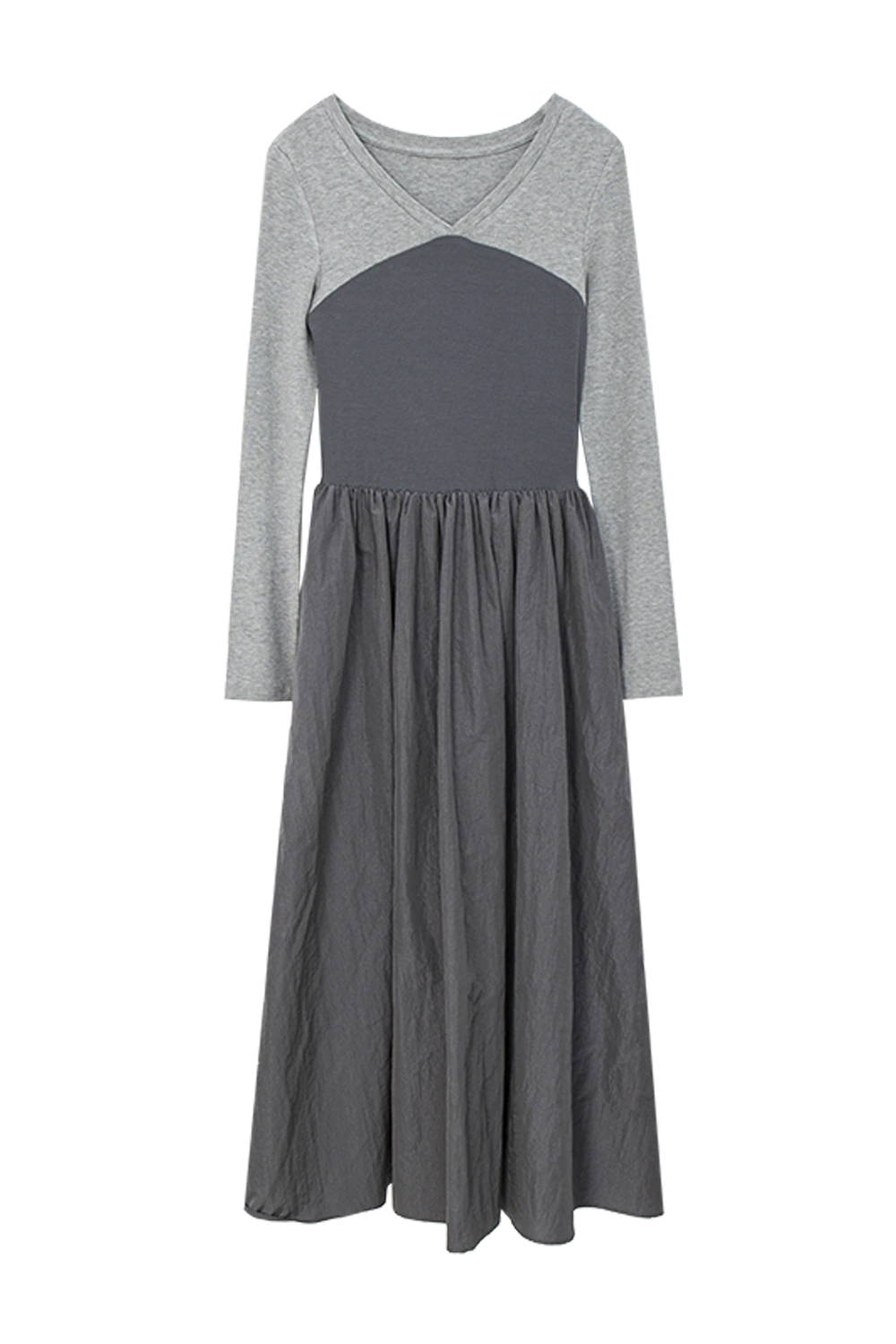 Grey Duo-tone Long-Sleeve Dress with Cinched Waist and Flowy Pleated Skirt