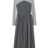 Váy dài tay hai tông màu xám với eo thon và váy xếp ly bồng bềnh