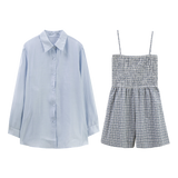 Women's Chic Button-Down Shirt and Gingham Playsuit Set
