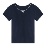 T-Shirt with Lace Collar and Bow Detail