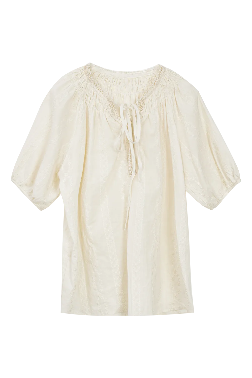 Women's Elegant Textured Blouse with Gathered Neckline and Tie-Front