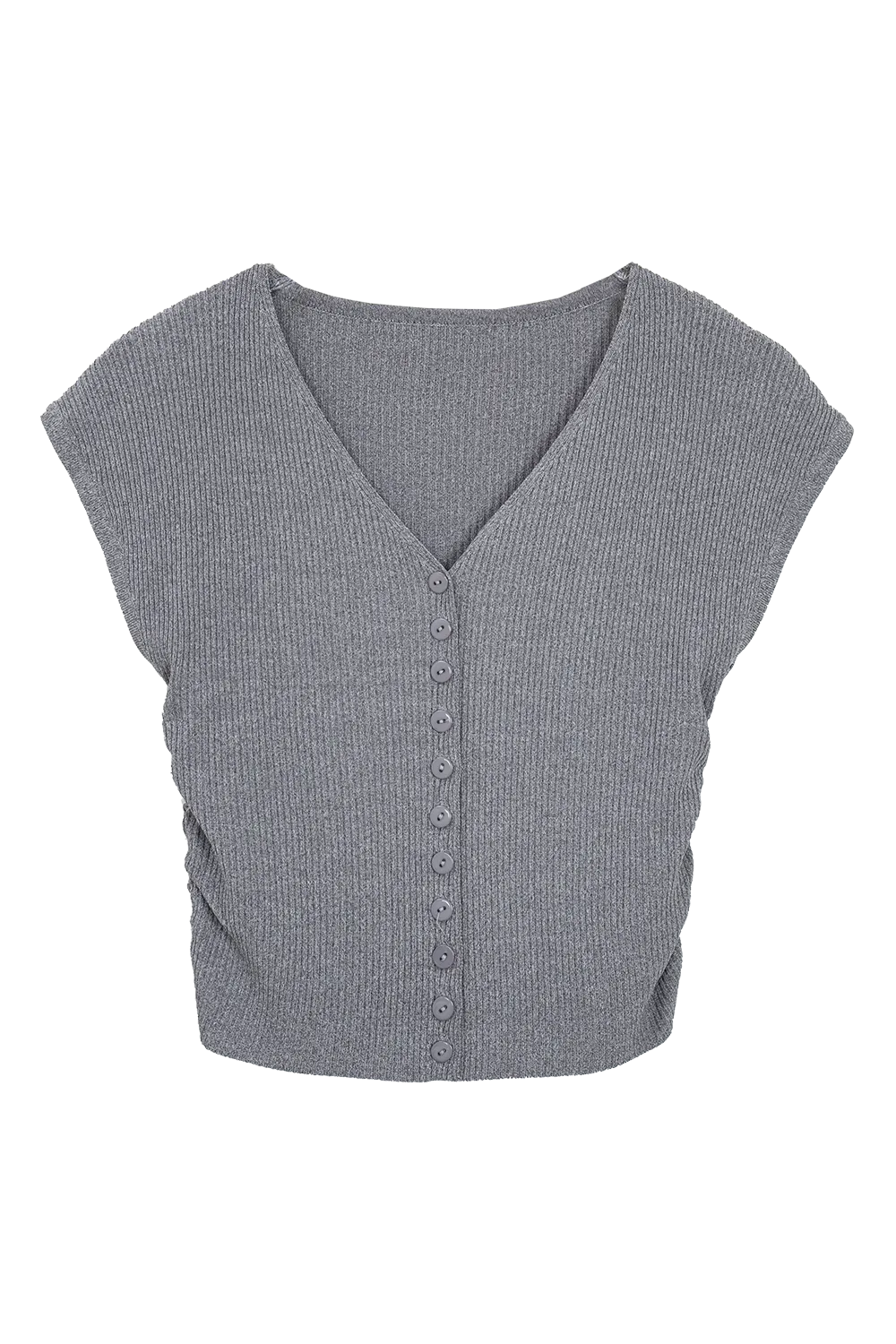 Ribbed V-Neck Top with Button-Up Front and Cap Sleeves