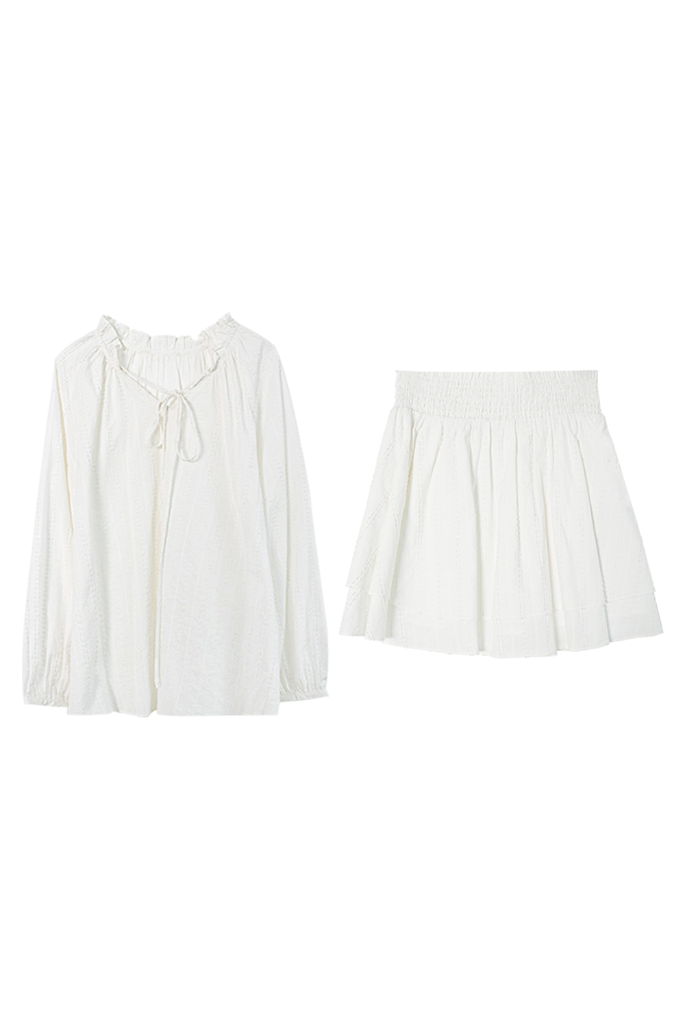 Chic Ensemble: Ruffled Collar Blouse and Tiered Skirt Set