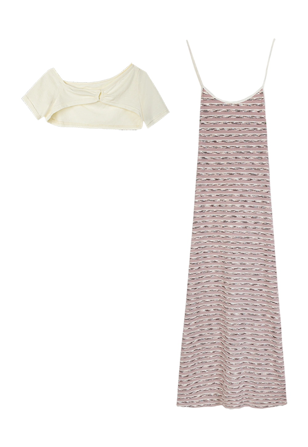 Pakaian Dua Helai Wanita: Atasan Tanaman Putih Putih dan Pakaian Maxi Berjalur Hitam & Putih - Pakaian Kasual Musim Panas