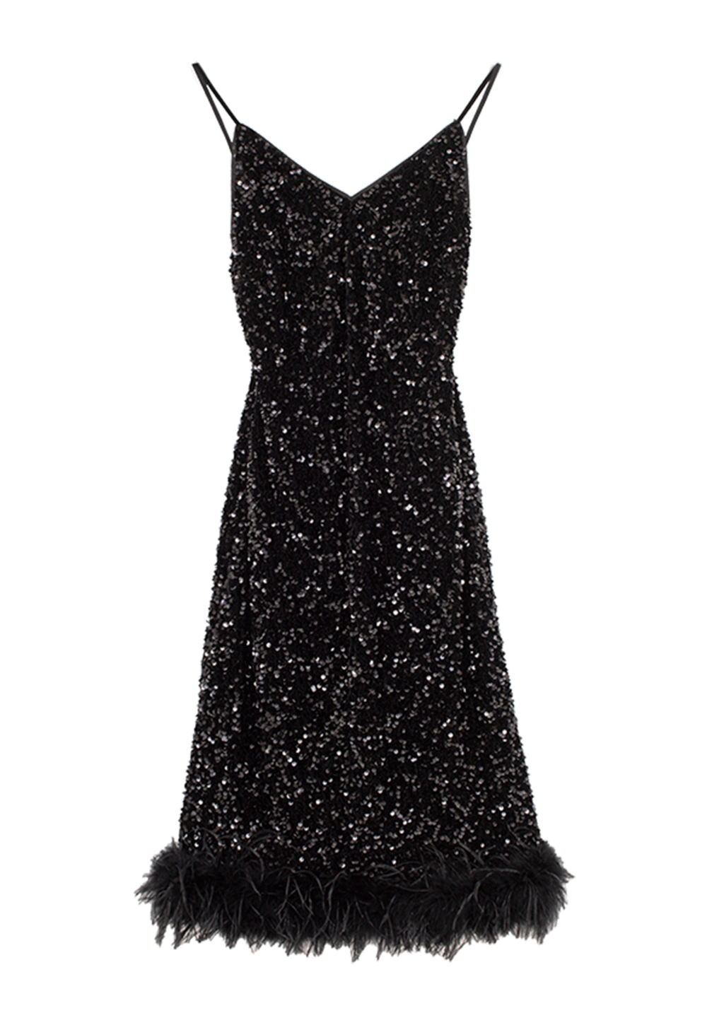 Women's Sequin Spaghetti Strap Dress with Feather Hem V-Neck Midi Dress