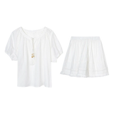 Women's Casual Blouse and Skirt Set with Lace Trim