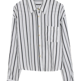 Women's Classic Vertical Striped Button-Down Shirt with Point Collar and Pocket Detail