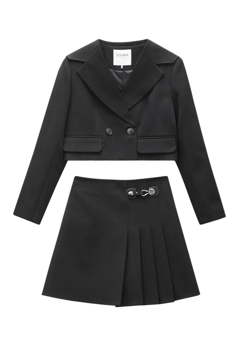 Women's Blazer and Pleated Skirt Set with Silver Buckle Detail