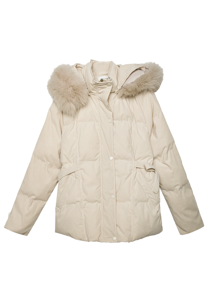 Women's Brown Hooded Padded Cotton Jacket with Fur Trim