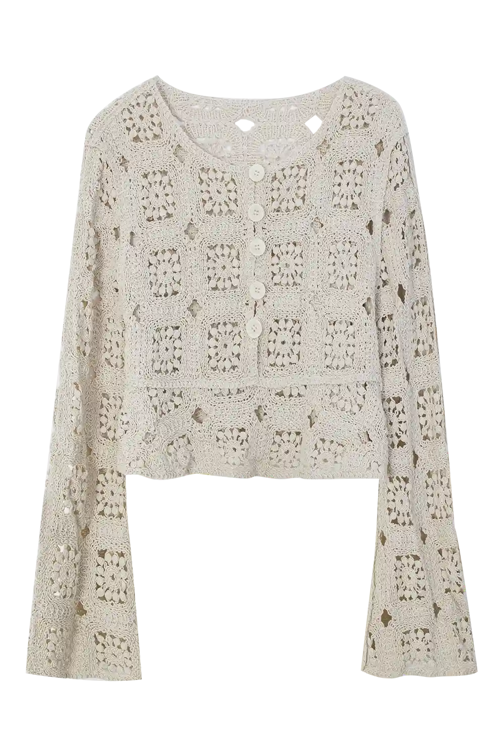 Chic Crocheted Long-Sleeve Cardigan with Button Details