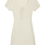 Women's Ribbed Knee-Length Dress with Drawstring Neckline