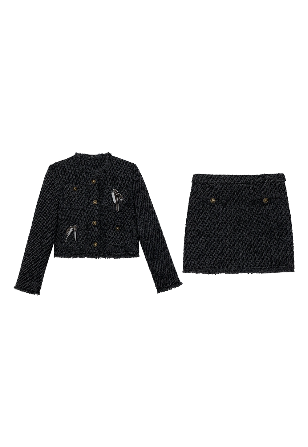 Women's Black Tweed Two-Piece Set: Cropped Jacket with Button Details and Mini Skirt