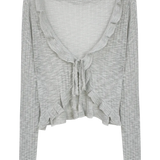 Women's Textured Long Sleeve Top with Ruffle Neckline and Tie Detail