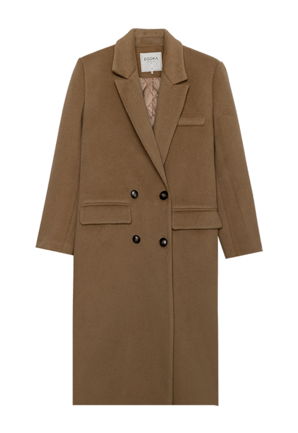 Women's Brown Double-Breasted Long Coat with Notched Lapel and Front Pockets