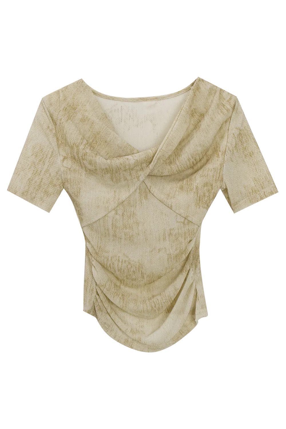 Elegant Draped Cowl Neck Top with Textured Fabric, Short Sleeve Design