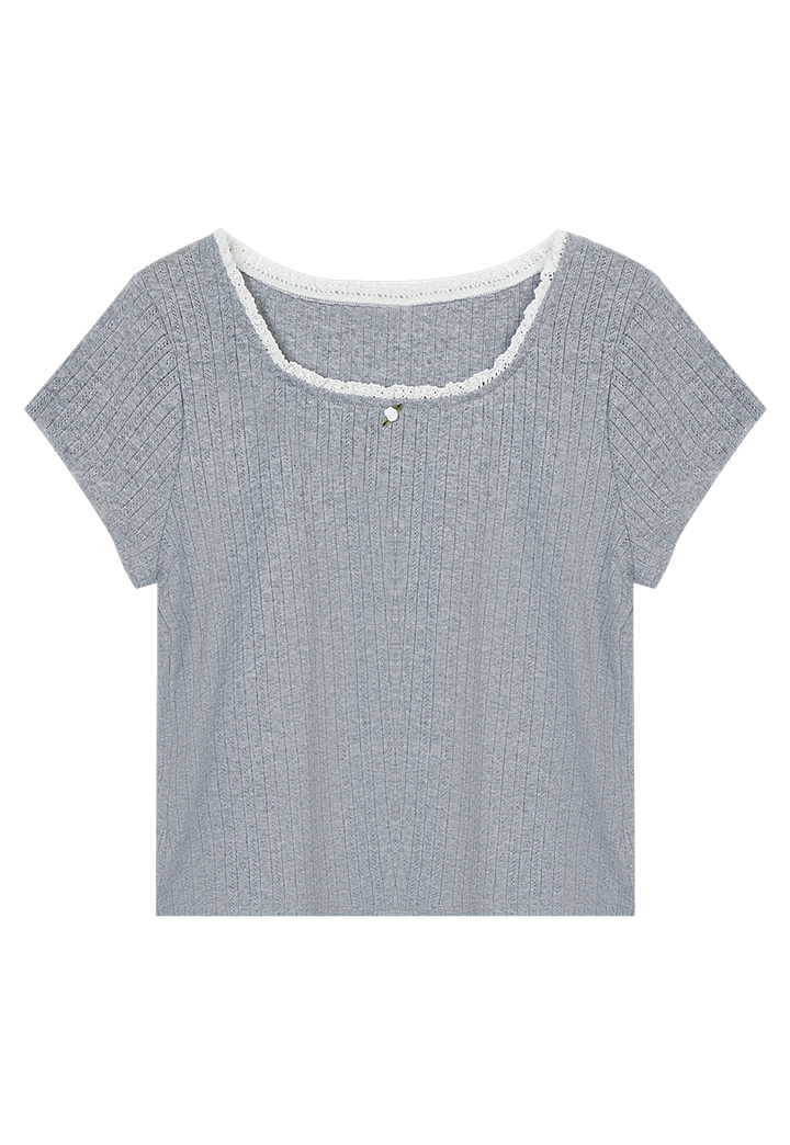 Lace-Trimmed Ribbed Short-Sleeve Top
