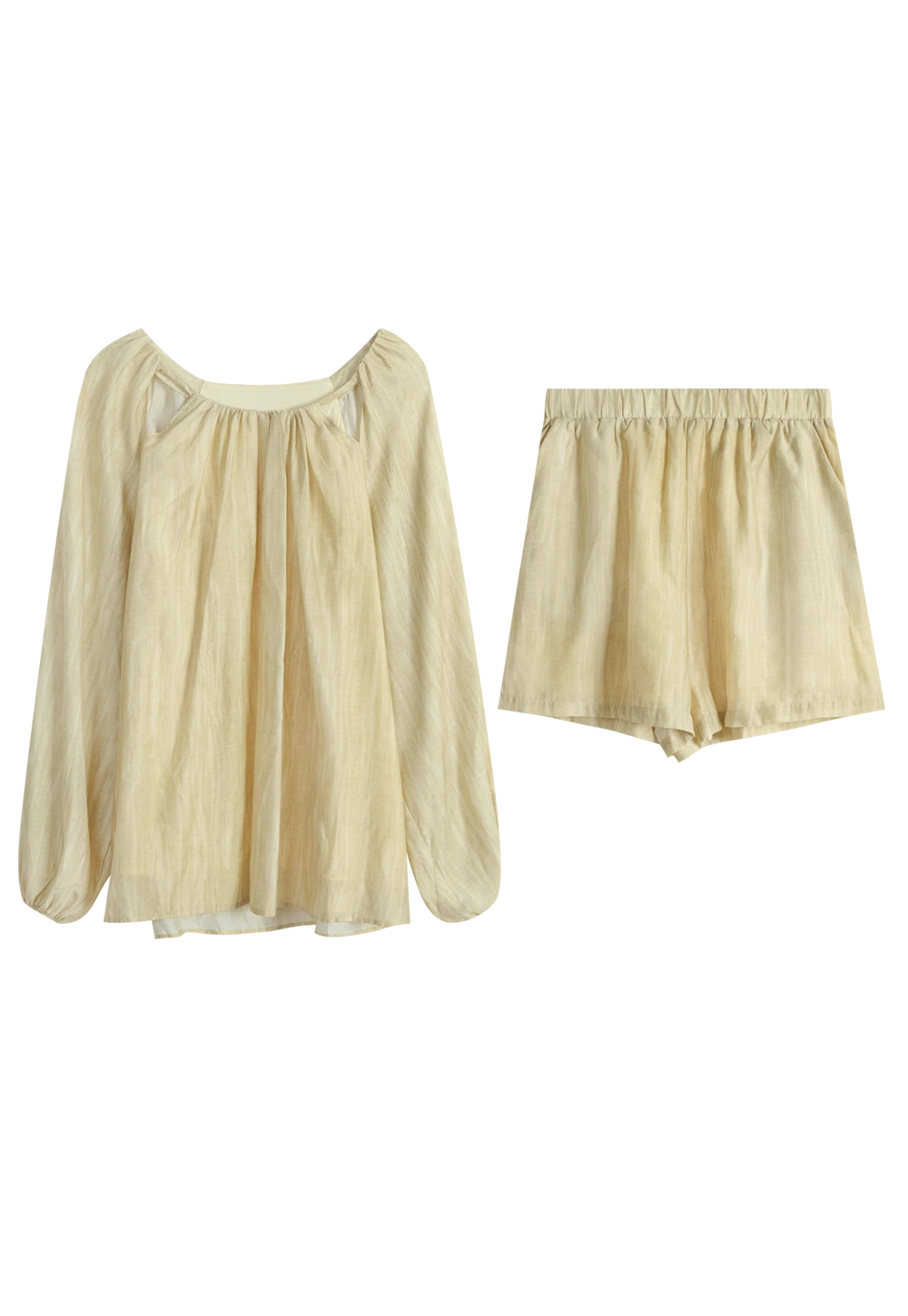 Women's Two-Piece Set: Long Sleeve Blouse and Shorts - Lightweight Fabric