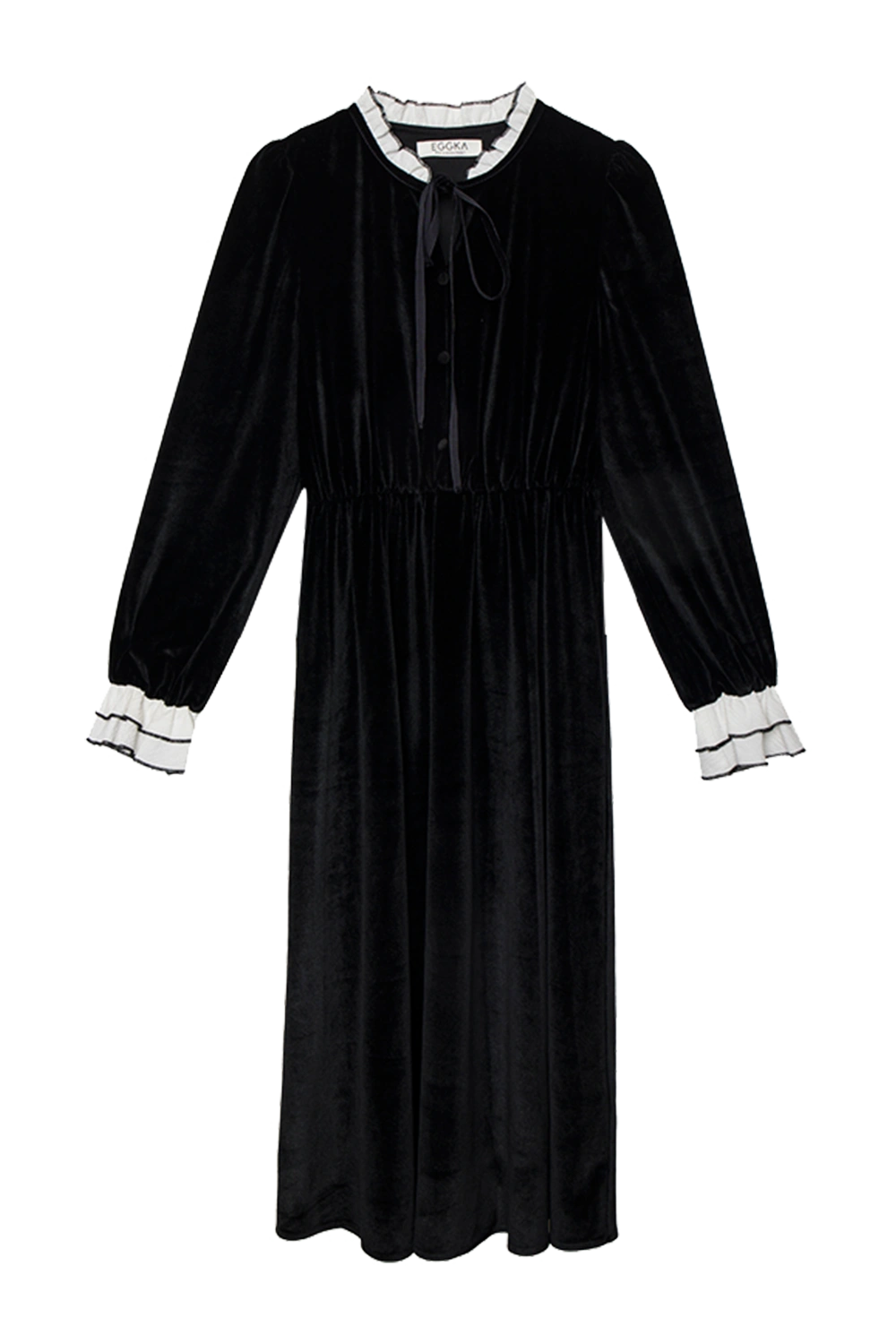 Women's Long Sleeve Velvet Dress with Contrast Ruffle Cuffs and Bow Collar - Black