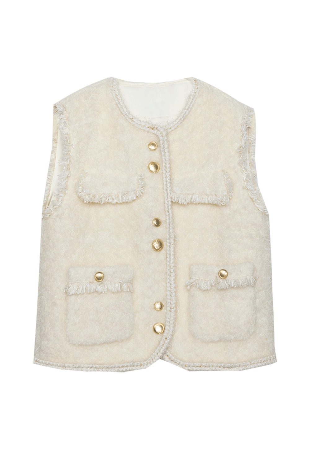 Women's Wool Blend Sleeveless Vest with Fringed Pockets and Gold Button Details