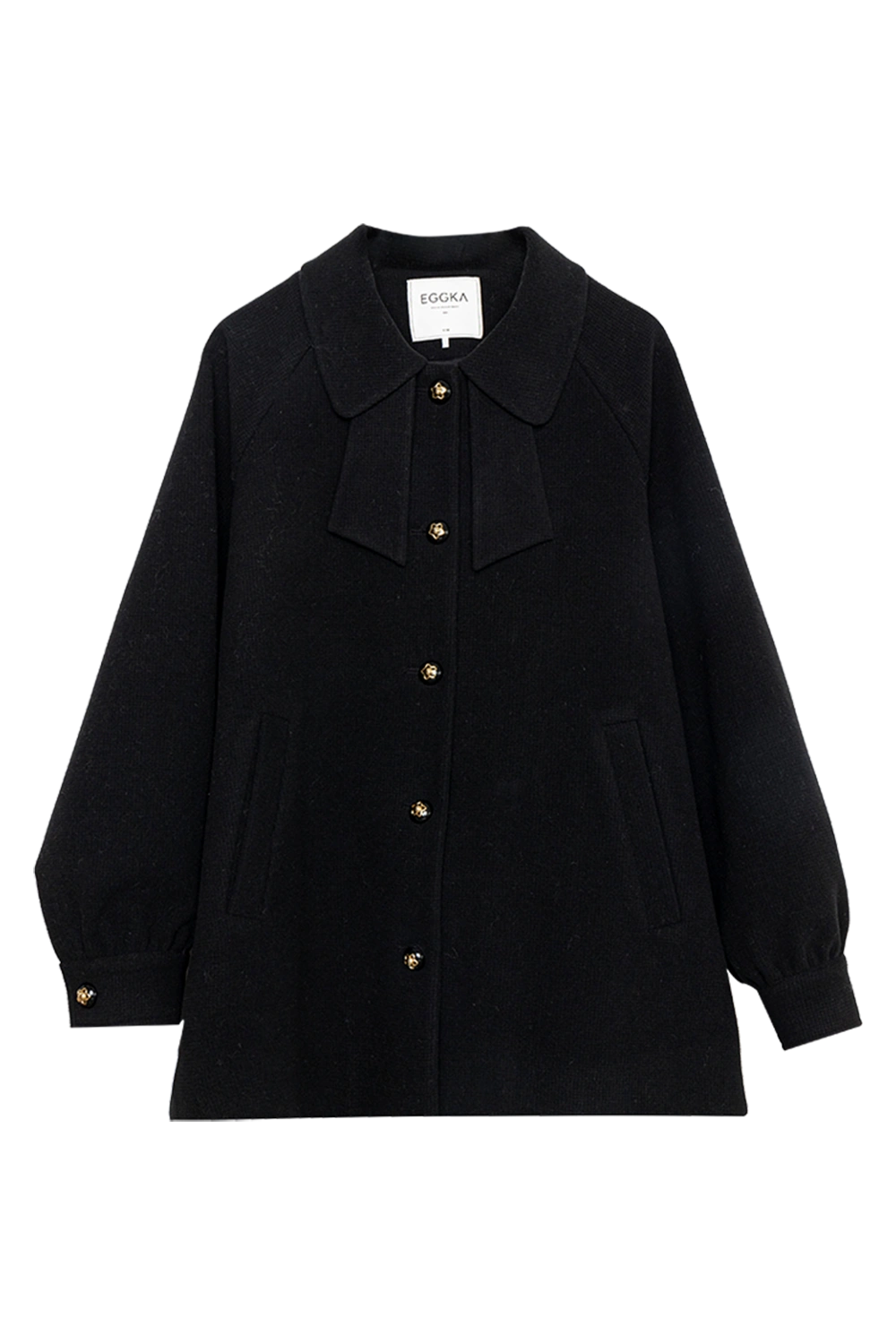 Women's Black Wool Blend Coat with Bow Collar and Button Front