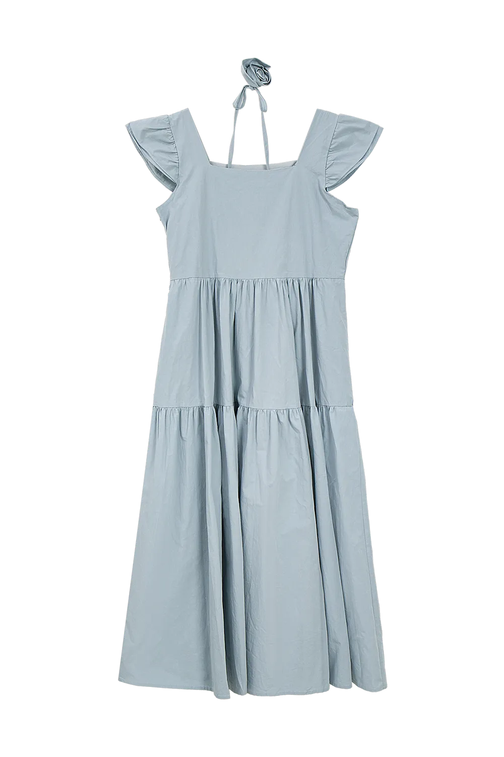 Ruffled Sleeve Tiered Midi Dress with Bow Shoulder Details