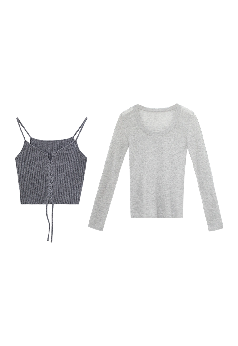 Women's 2-Piece Set: Long Sleeve Scoop Neck Top with Ribbed Lace-Up Knit Crop Camisole