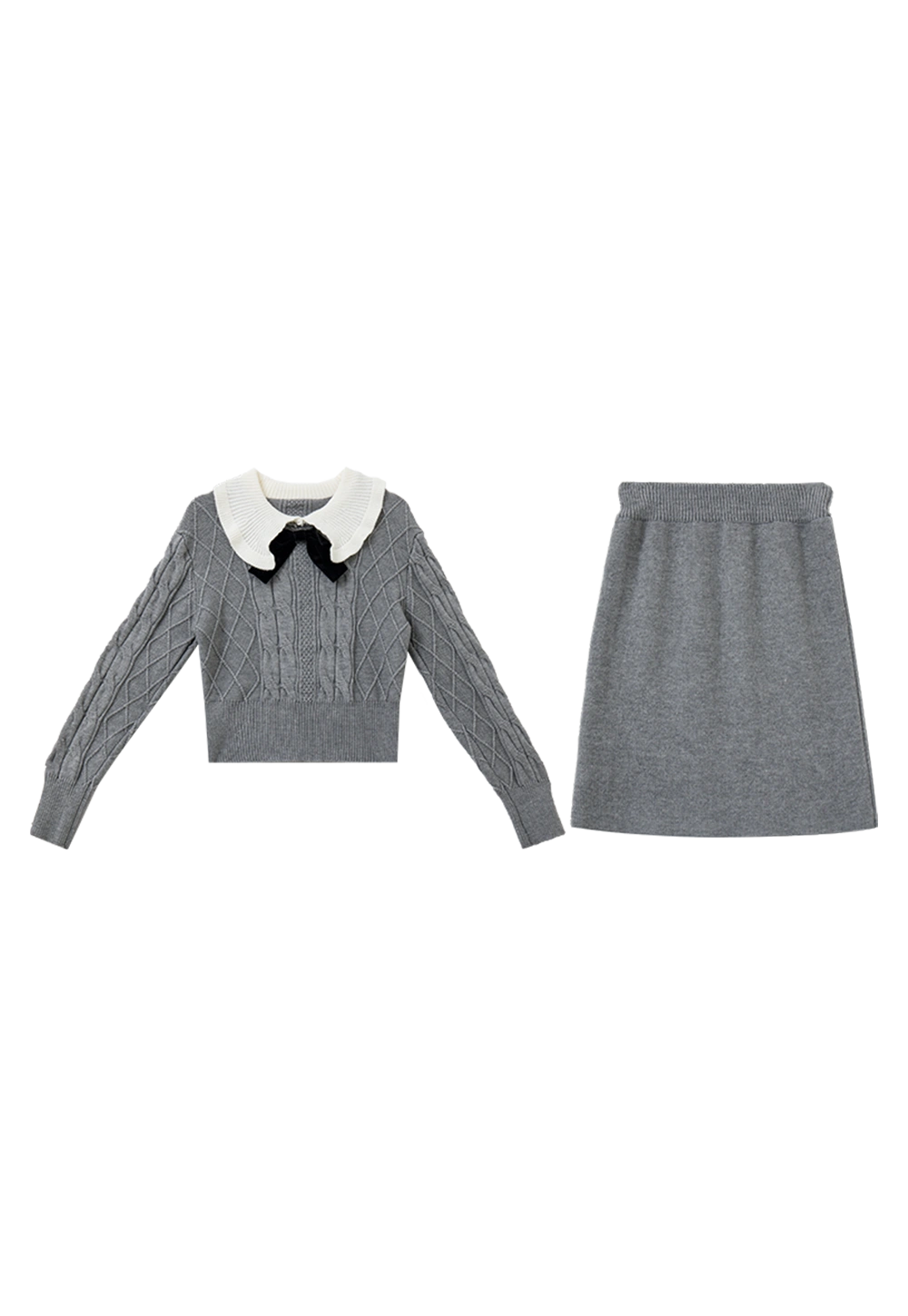 Women's Two-Piece Knit Set - Cable Knit Sweater with Contrasting Collar and Bow Detail