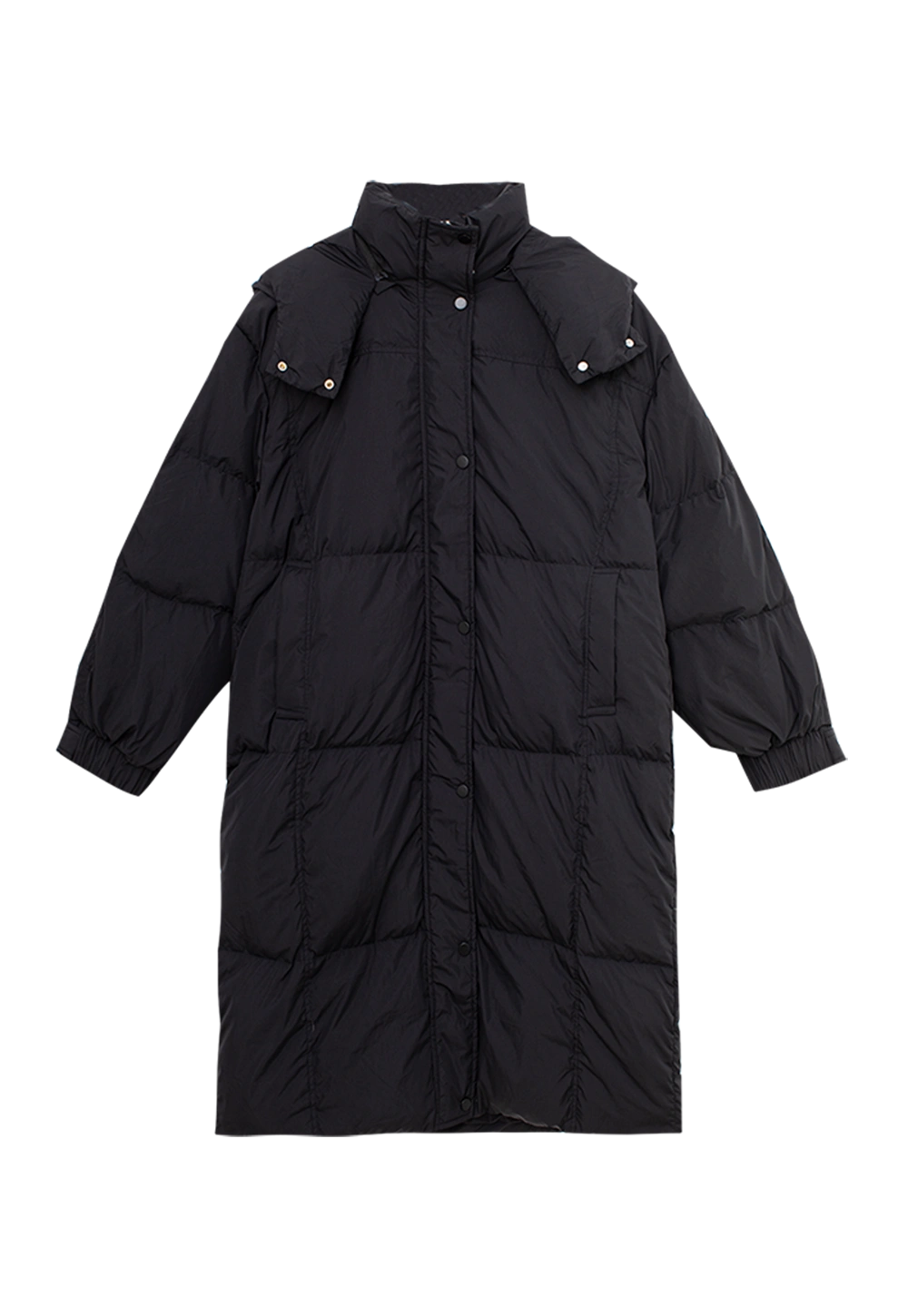 Women's Long Puffer Coat with Hood and Snap Buttons