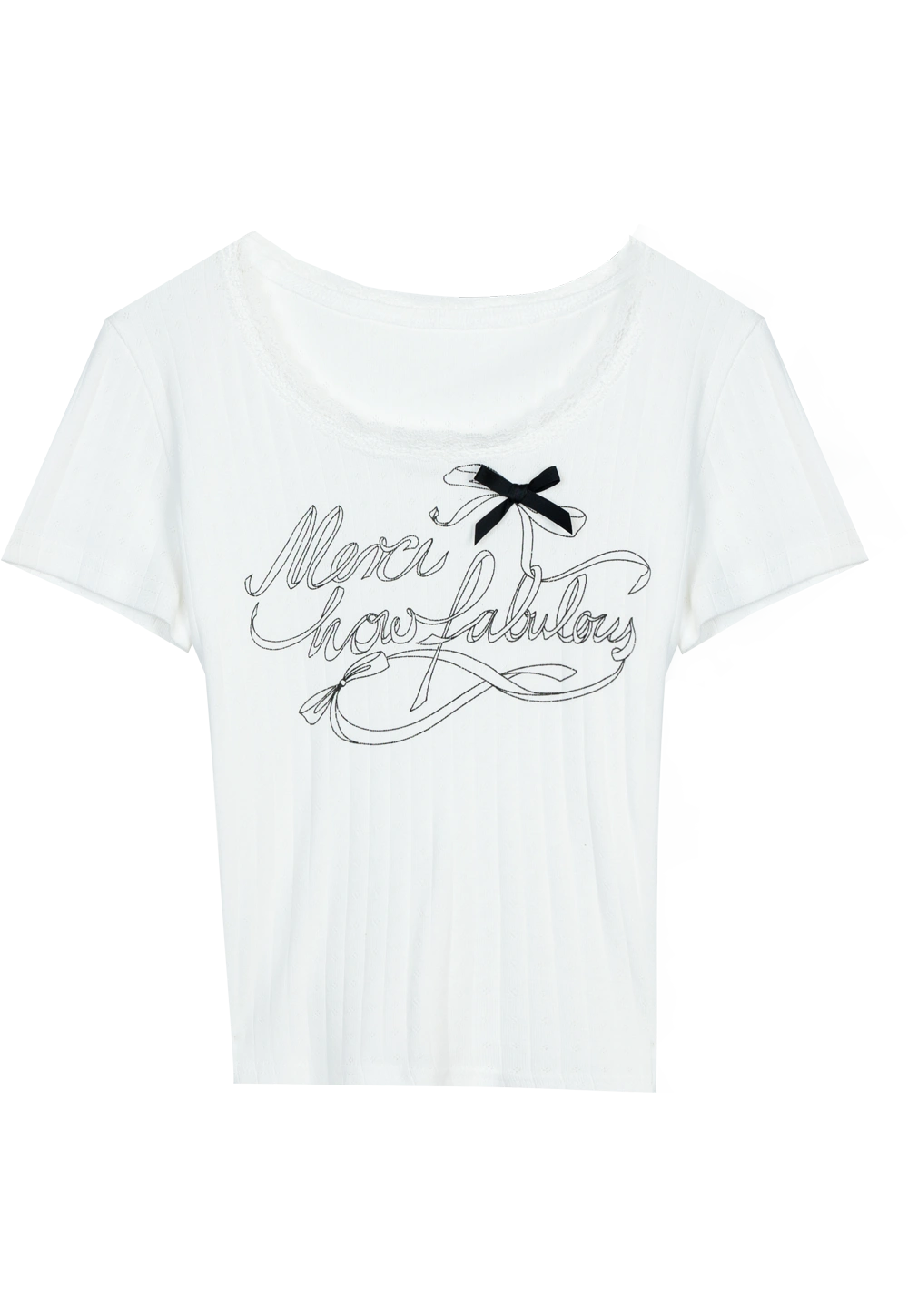 Round Neck Tee with Lace Trim and Bow