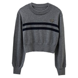 Cropped Crew Neck Sweatshirt with Horizontal Stripe Design