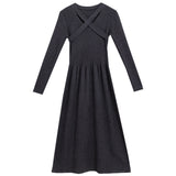 Cross Front Ribbed Skater Dress with Long Sleeves