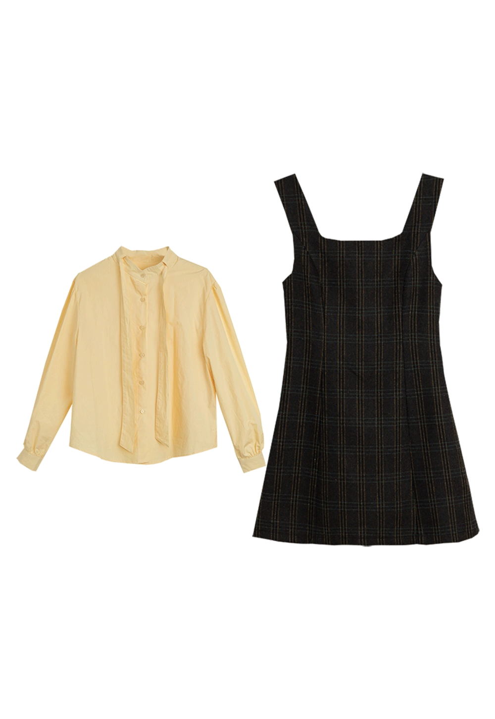 Women's Two-Piece Set: Long Sleeve Yellow Blouse and Black Plaid Pinafore Dress