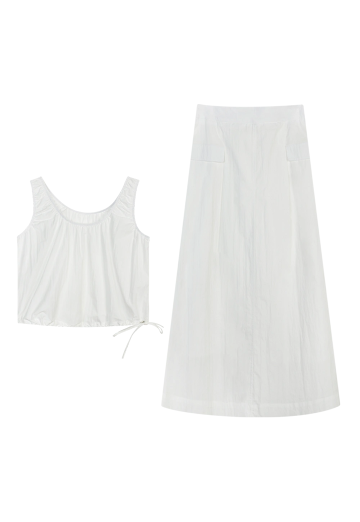 Women's Two-Piece Sleeveless Gathered Tank Top and High-Waisted Midi Skirt Set